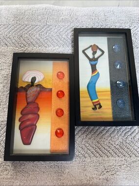 Pair of Black-Framed African Woman Wall Art Prints in Red and Blue